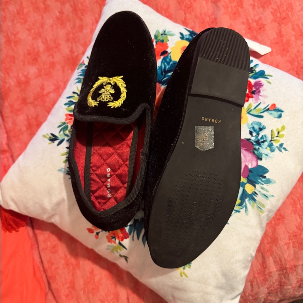 Romano Kids' Black Velvet Loafers with Gold Embroidery